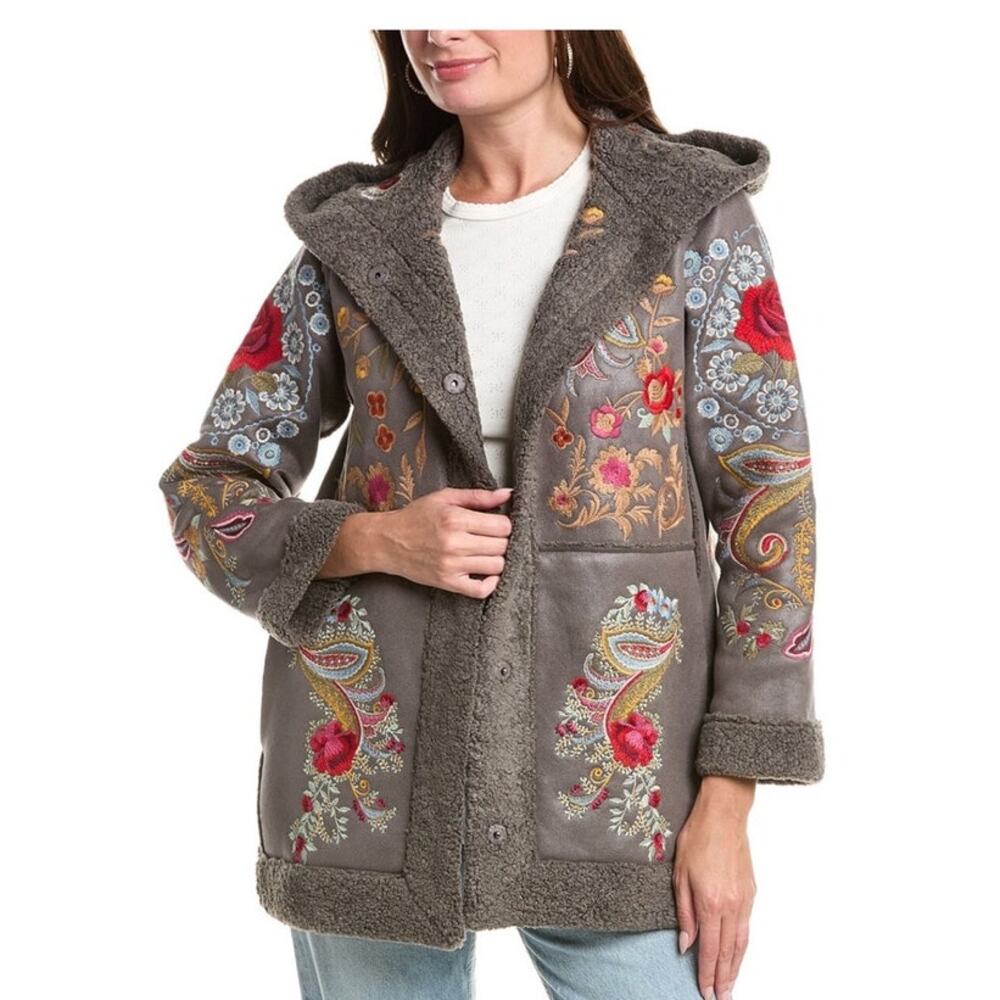 $458 NWT Johnny Was Saturna Faux Suede Shearling Coat Embroidered Floral Boho M